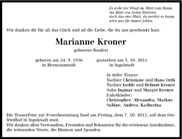 Kroner Marianne 1936-2011 Todesanzeige